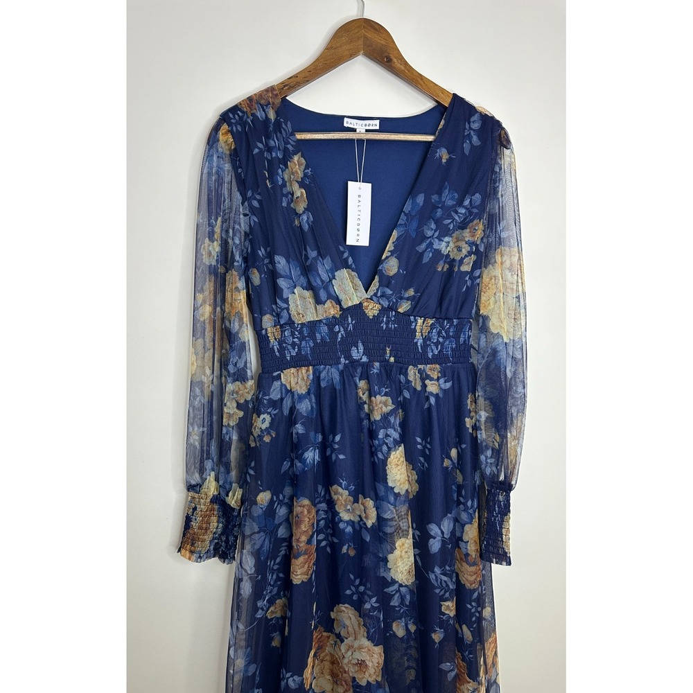 NEW Baltic Born Layla Tulle Maxi Dress Blue Golden Floral V-Neck Smocked Large - Picture 3 of 16